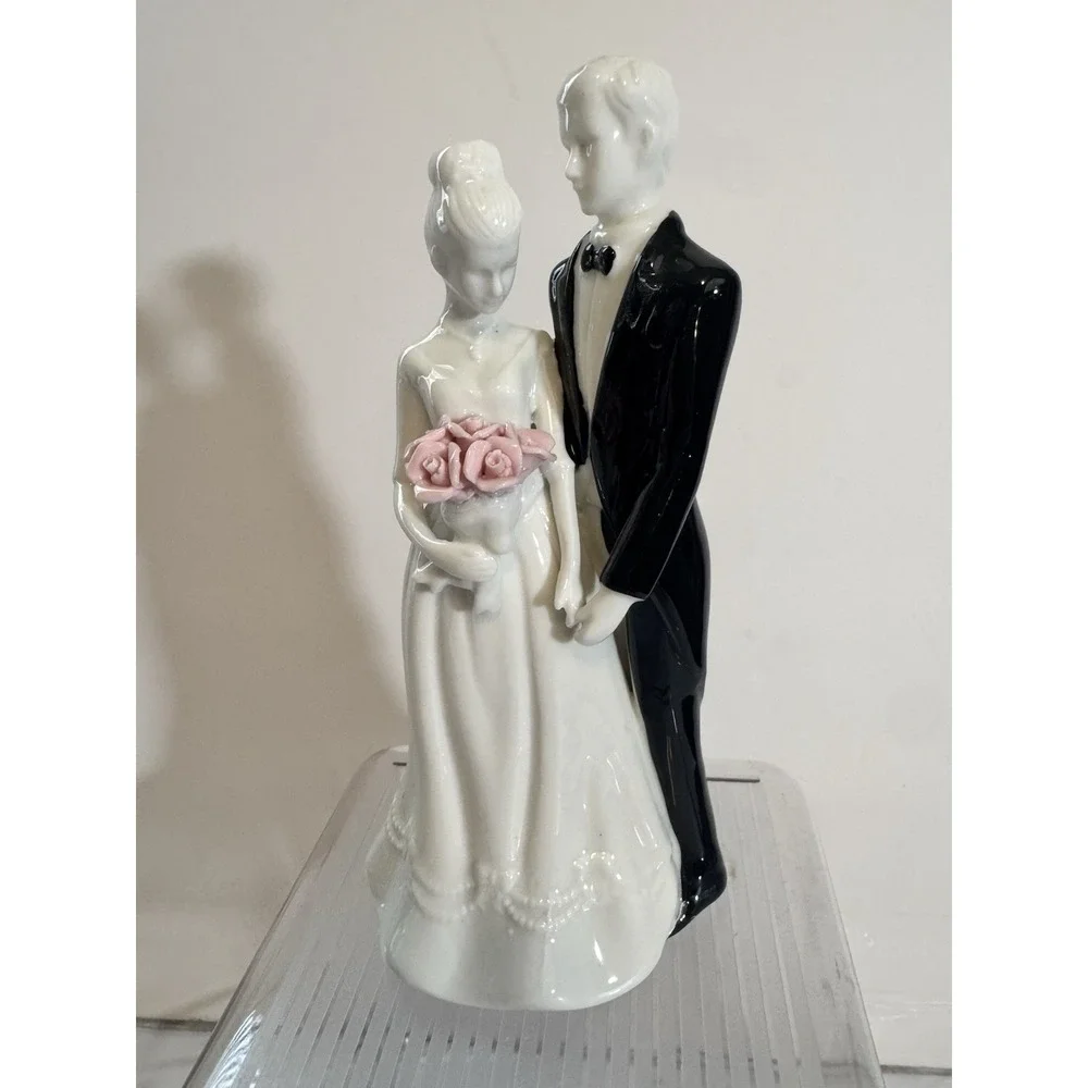 David Tutera Bride And Groom Wedding Cake Topper Ceramic Pink Rose Bouquet NEW